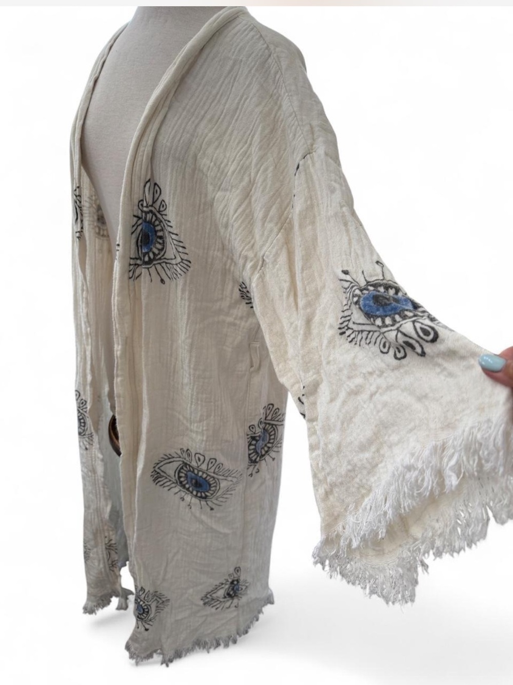 NOHO CANDLE CO Cream Evil Eye Fringed Linen Duster Kimono Coverup OS - Picture 3 of 7